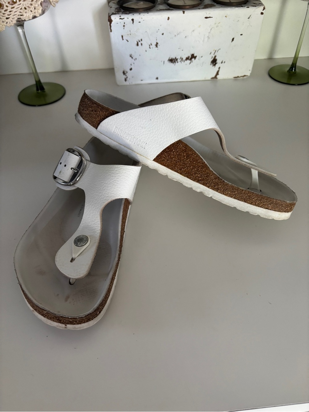Birkenstock White Leather Slip-On Sandals with Cork Footbed - Picture 2 of 8